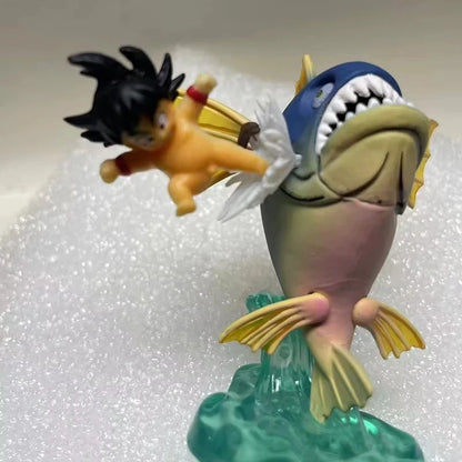 Childhood Goku vs Fish Dragon Ball Z Anime Figure Model Statue PVC 2.5" [No Box]