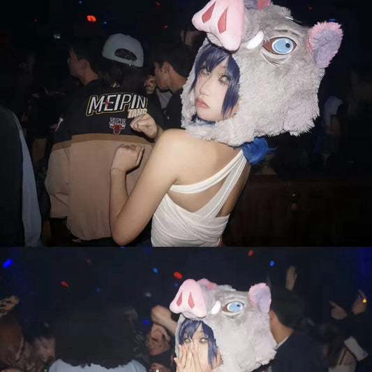 Inosuke Wild Boar Earflap Hat Demon Slayer Anime Cosplay Soft Plush 14 x 12 in