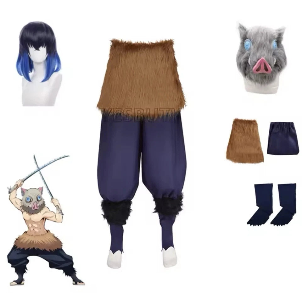 Inosuke Cosplay Demon Slayer Full Set: Ankles, Pants, Skirt, Wig, & Mask